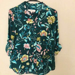 LOFT floral pine green button up blouse - Size XS